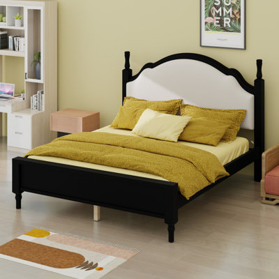 Low Profile Wood Platform Bed with Elegant Upholstered Headboard