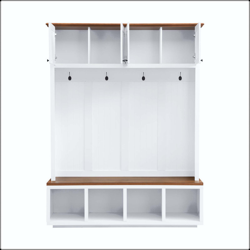 59" Entryway Hall Tree with Bench & Storage, Wood-Grain Accent, White