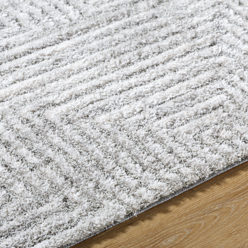 Rectangle Jean-Paul Striped Machine Woven Polyester Area Rug in White/Gray, Rectangle 5'3" x 7'