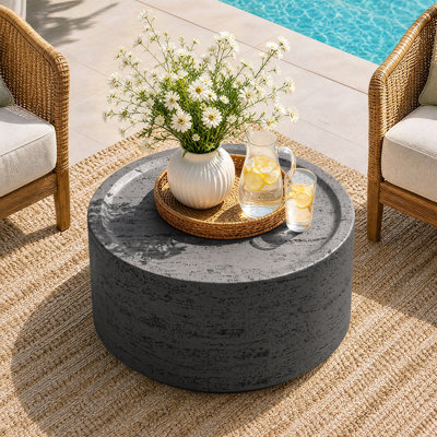Table basse de patio en oxyde de magnésium 28 po, imperméable, pour le salon, extérieure, ronde, gris foncé