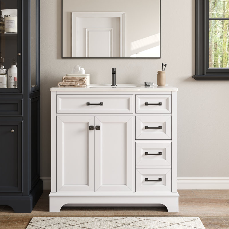 36" Single Bathroom Vanity With Sink Top, Double-Door Storage Cabinet, 2 Deep Drawers, And Hair Dryer Holder, White
