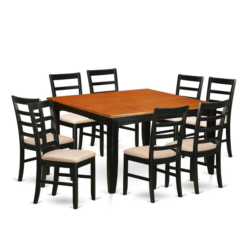 9 Piece Dining Table Set Includes a Square Dinner Table with Butterfly Leaf and 8 Linen Fabric Dining Room Chairs, Black & Cherry
