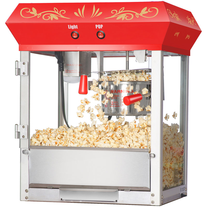 Popper de comptoir 4 oz avec lumière chauffante chauffante et tiroir Old Maids de Great Northern Popcorn - Livré avec 3 tasses de service en plastique, 25 sacs à maïs soufflé, tasses à mesurer et pelle (rouge)