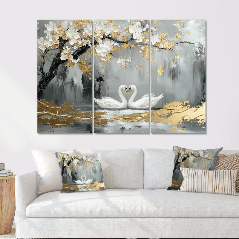 Ensemble de salon gris et or avec cygnes «Love Under Cherry Blossom III», H 28 po x l 36 po x P 1 po, Métal métal