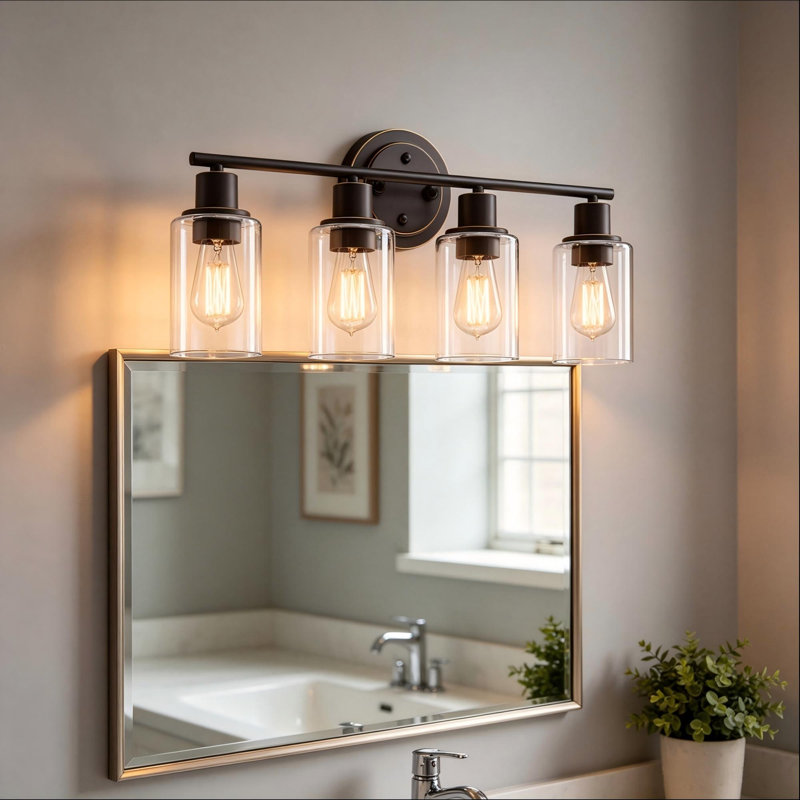 Luminaire de salle de bain 4 lumières avec abat-jour en verre transparent, Bronze