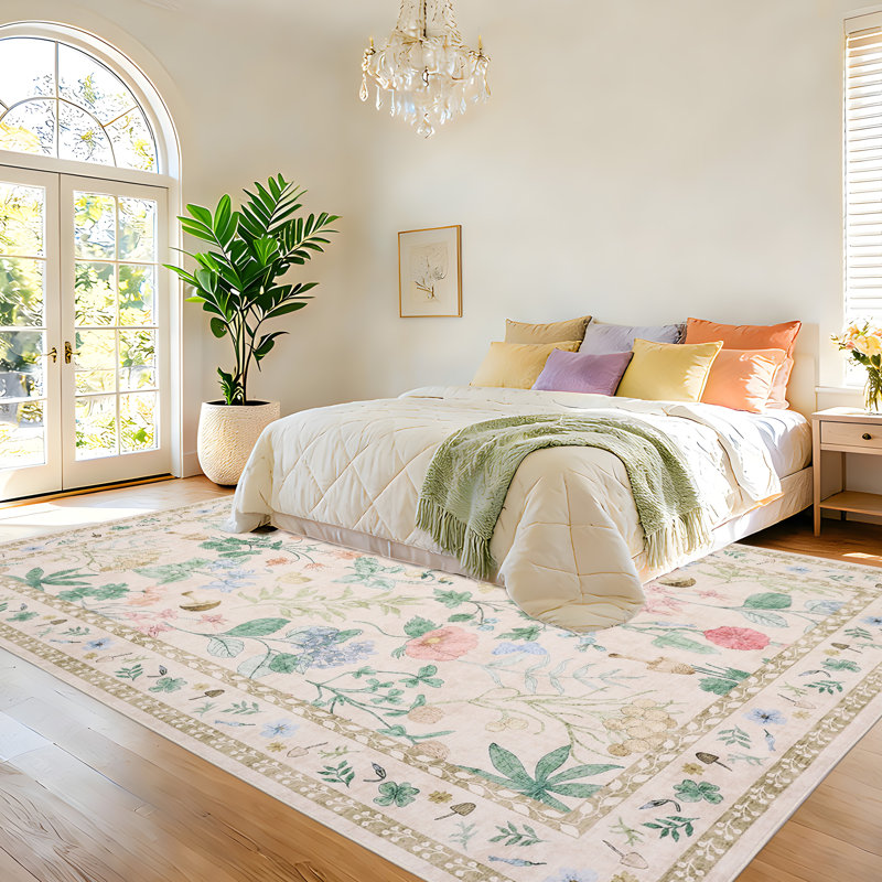 5x7 Washable Floral Area Rug, Non-Slip Low Pile Rug, Stain Resistance Carpet for Living Room, Bedroom, Dining Room, Beige