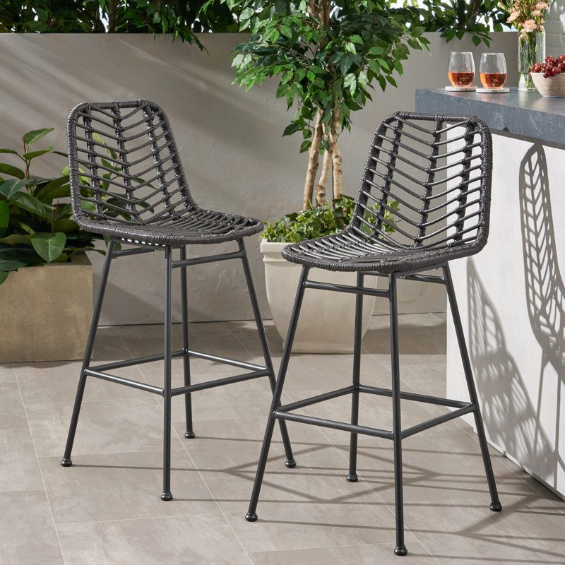 Gray and Black Wicker Outdoor Barstools with Iron Frame, Set of 2