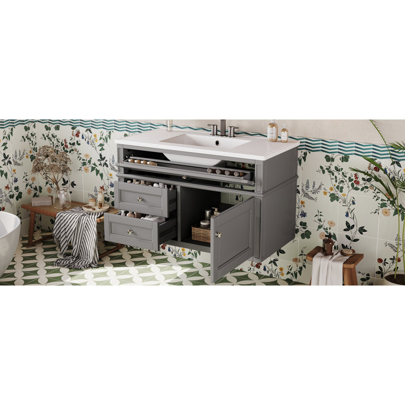 Meuble-lavabo mural 36 po, armoire de rangement flottante avec 2 tiroirs, 1 tiroir basculant, lavabo simple en céramique à 3 trous, armoire moderne.