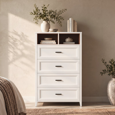 Commode 4 grands tiroirs avec 2 casiers ouverts couleur noyer