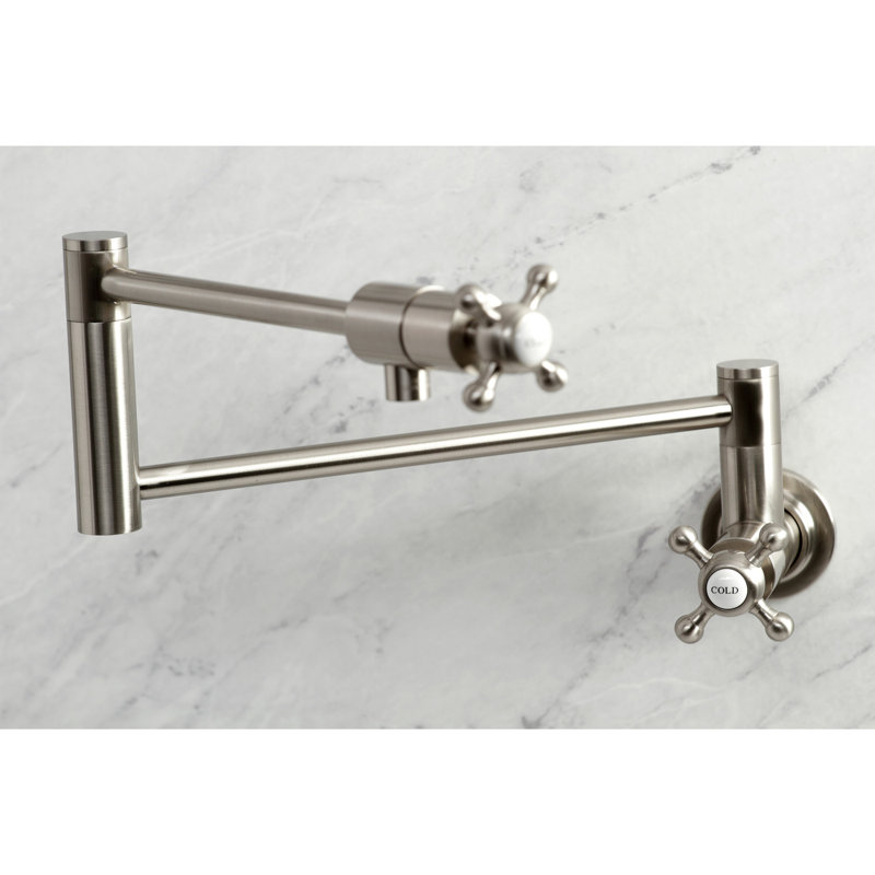 Kingston Brass Manhattan Two-Handle 1-Hole Wall Mount Pot Filler Faucet, Brushed Nickel, Knob/Round Cross Handle