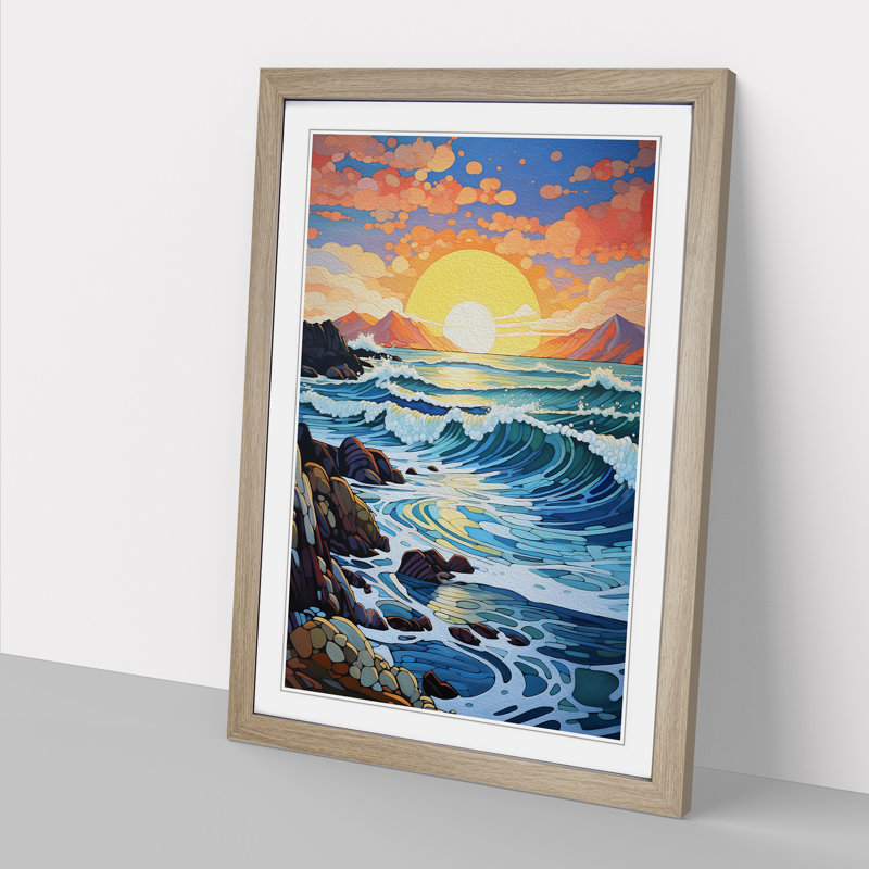 Seascape Hard Edge Painting - Single Picture Frame Print on Wood, 46cm H x 34cm W x 2cm D, Oak