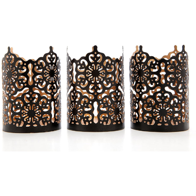 Set of 3 Black Finish Metal Candle Holders 4 Inch High Lattice Cut Lanterns for Coordinated Elegance and Enchanting Illumination Elevate Your Decor
