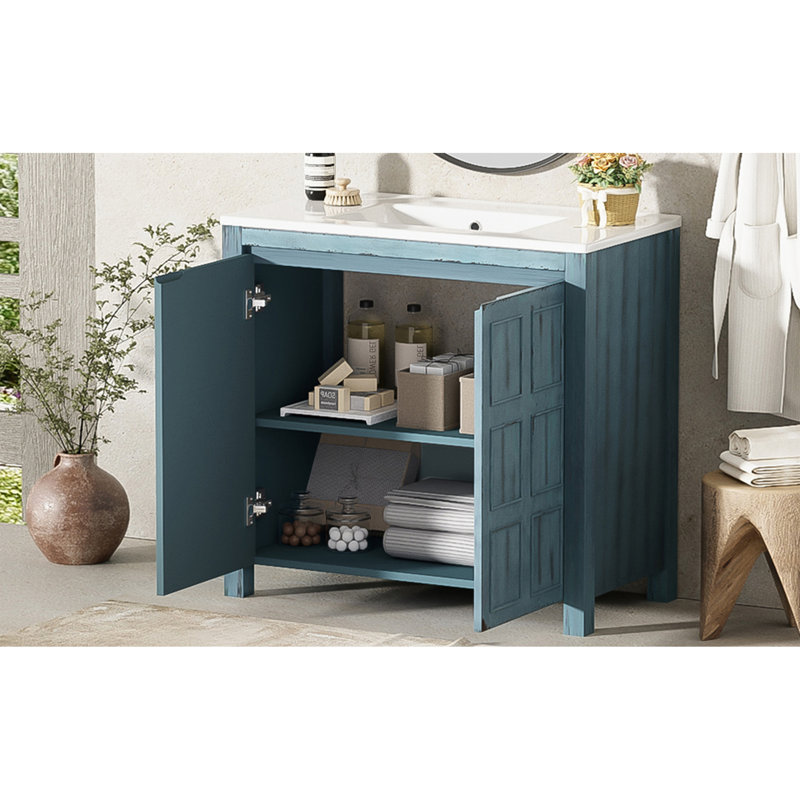 Organisateur de meuble-lavabo 36 po avec lavabo en céramique, ensemble d'armoire de rangement, bleu rétro, Bleu rétro