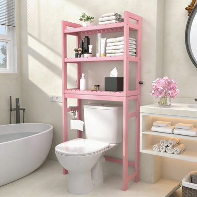 Bamboo 3-Tier Over The Toilet Storage Shelves With 3 Hooks Pink