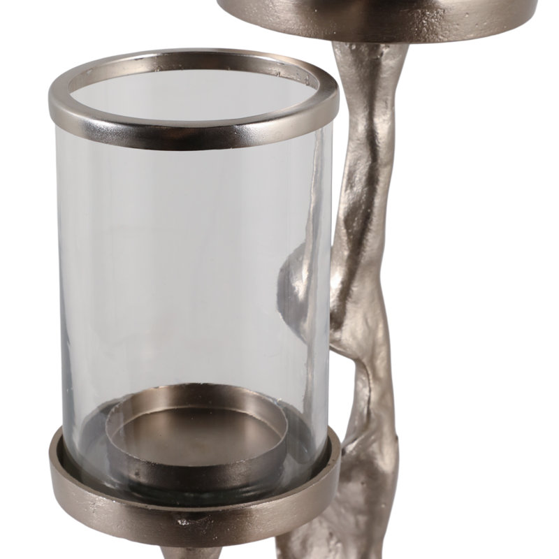 Decorative Tabletop Glass Candle Holder With Sculptural Base - Modern Floor Candle Holders For Living Room Accent - Set Of 2, 30", Silver