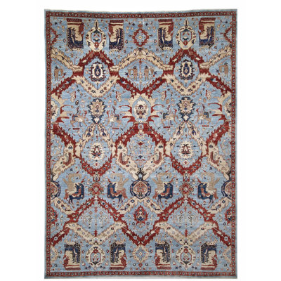 High-Quality Hand-Knotted Blue And Rust Area Rug
