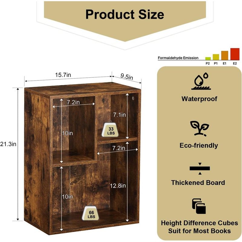 (Set of 2) Modern Small Cube Brown Bookcase, 2-Tier Vertical Horizontal Irregular Open Shelf Bookcase, Brown