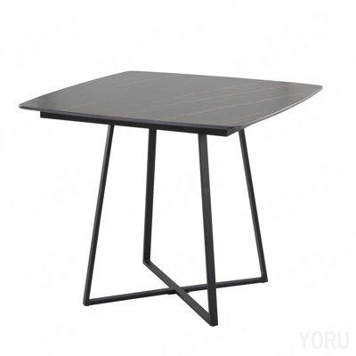 Table avec base en métal noir et bois noir avec plateau en céramique effet marbre noir