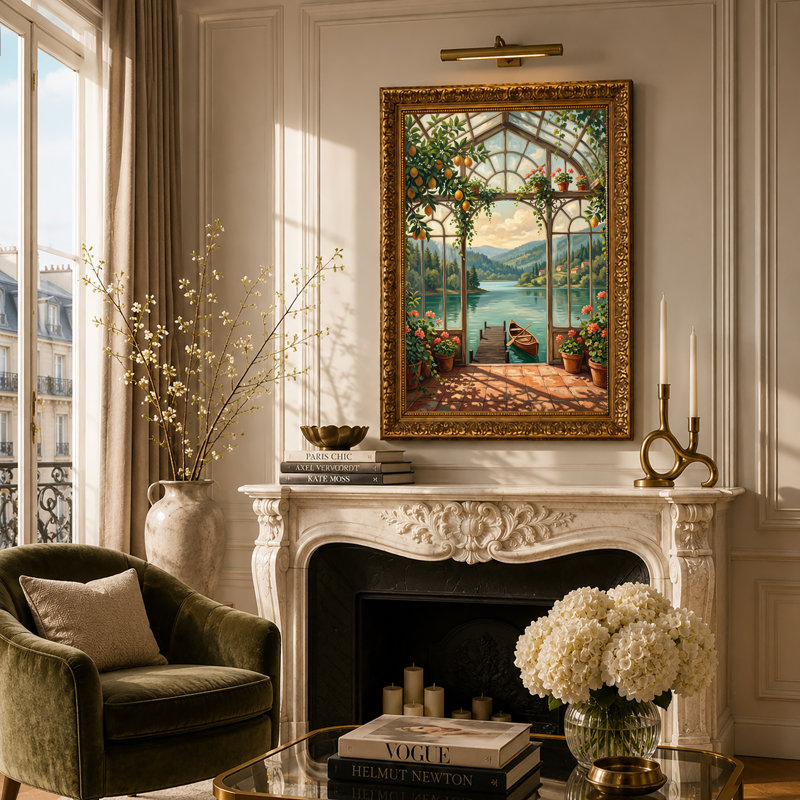 Intérieur de serre avec citronniers et vue sur lac, H 30 po x l 20 po