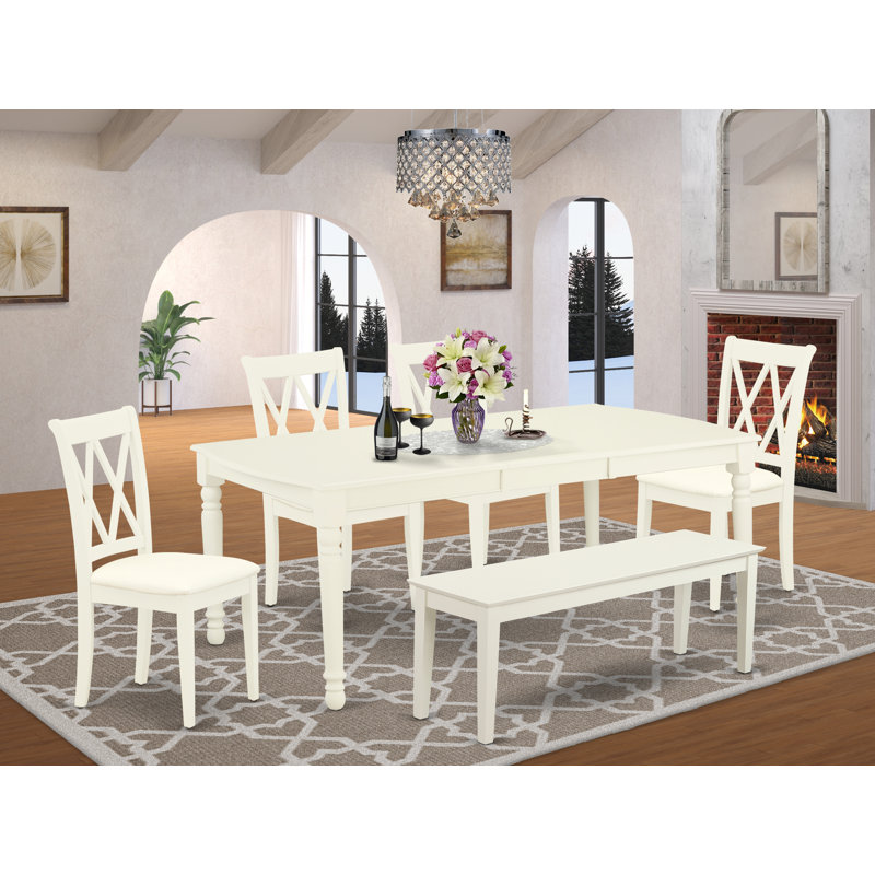 L'ensemble de table de salle à manger 6 pièces contient une table rectangulaire en bois avec feuille papillon et 4 chaises de salle à manger en lin avec banc, blanc lin