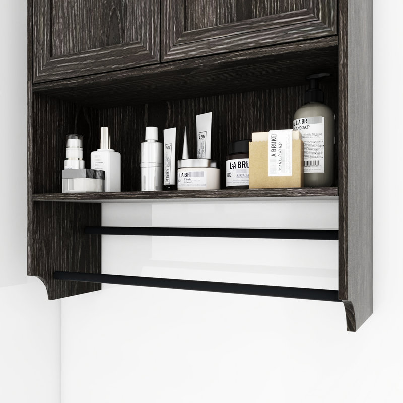 Armoire murale de salle de bain, grise, avec barre à serviettes et espace de rangement caché gris, Brown