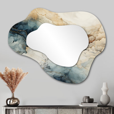 Verina Blue And White Marble River - Marble Cloud Decorative Wall Mirror, Modern Asymmetrical Mirror, Printed Metal Art