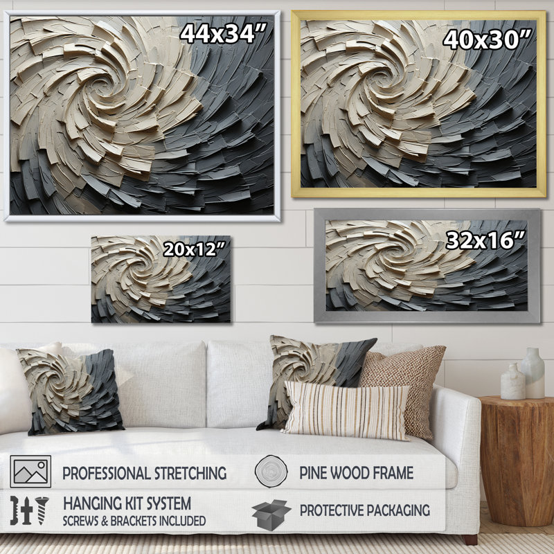 Grey Beige Meditative Movement III - Abstract Spirals Canvas Prints_106124, 16" H x 32" W x 1" D, Gold Picture Framed Canvas
