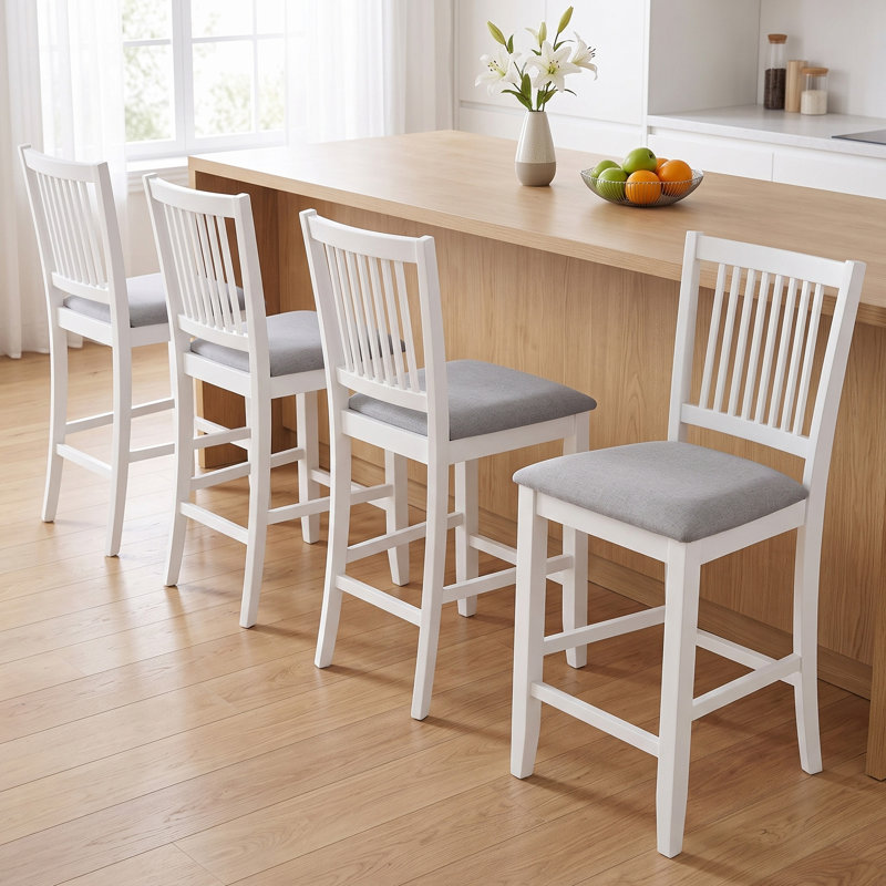 Tabourets de comptoir chic en bois à dossier à lattes avec sièges rembourrés, Blanc, 4