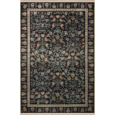 Black Themed Multi-Colored Mixed Floral Rose Patterned Creative Vintage Decorative Rug