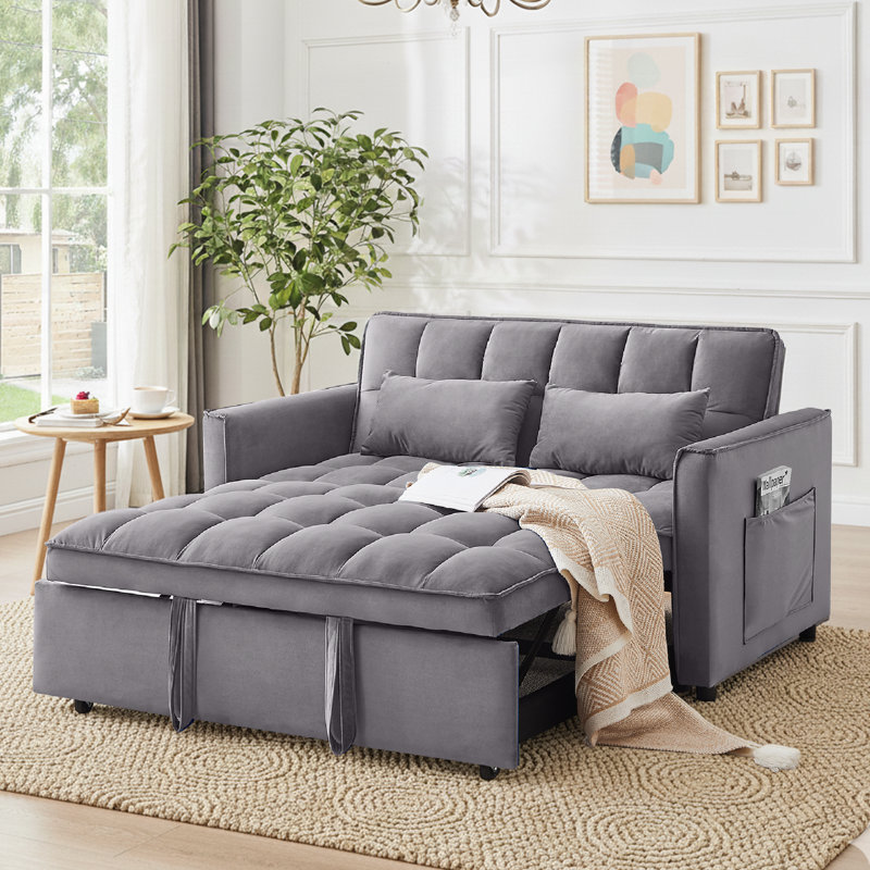 55-inch 3-in-1 convertible couch bed, modern-style two-seater pull-out sofa with adjustable backrest and side storage pockets, perfect for the living room, velvet upholstery, dark gray