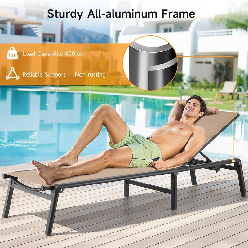 Outdoor chaise longue, foldable, assembly-free, with 5-position adjustable backrest