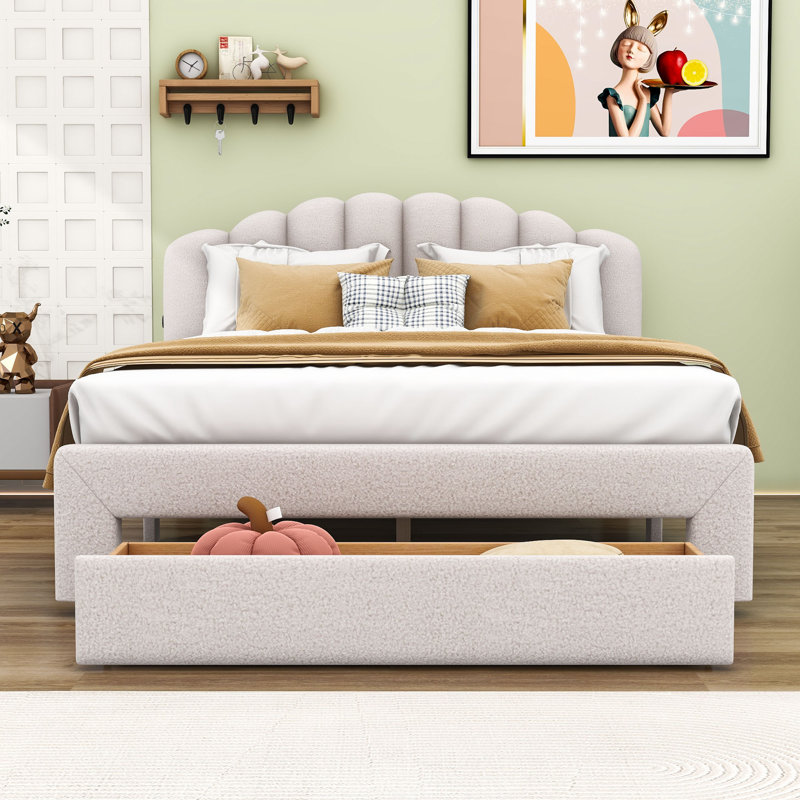 Deyonta Queen Size Upholstered Platform Bed with A Big Drawer, Beige