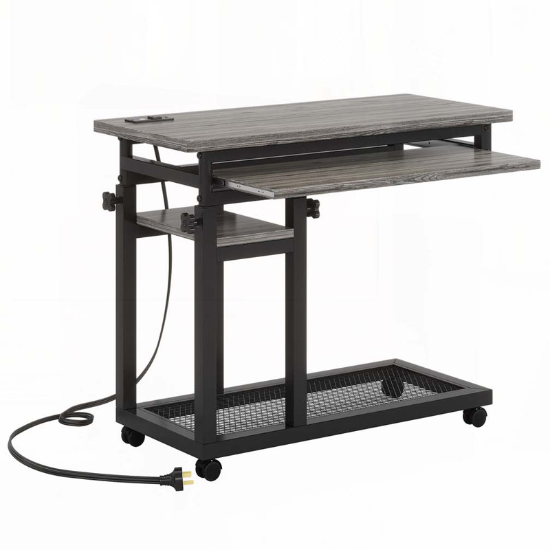 Bureau portatif à hauteur ajustable avec prise de courant et ports USB, table d'appoint roulante en forme de C, Gris