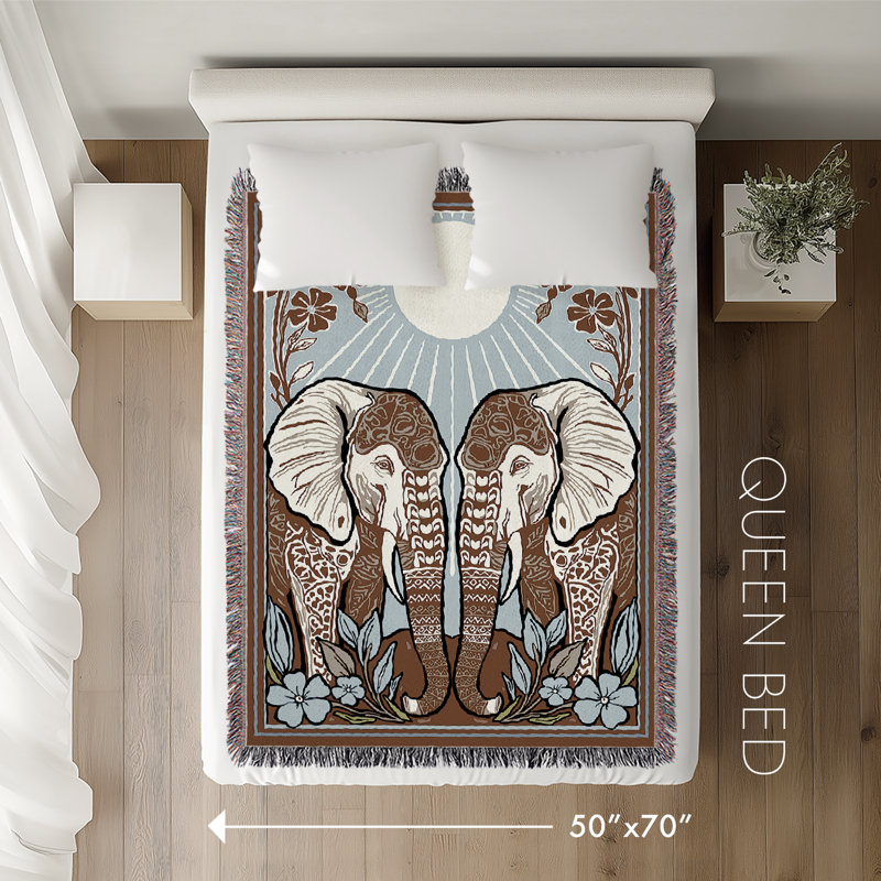 Lim Elephant Cotton Blend Blanket Throw, Beige/Blue/Off White, 70" L x 50" W
