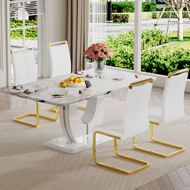 Dining Table Set, White/Gold, 5 pieces, Dalishi