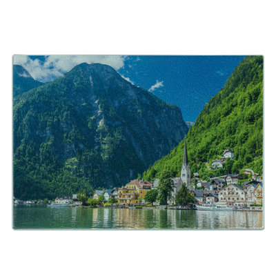 Ambesonne Landscape Tempered Glass Cutting Board Natural View Austria Green Blue White