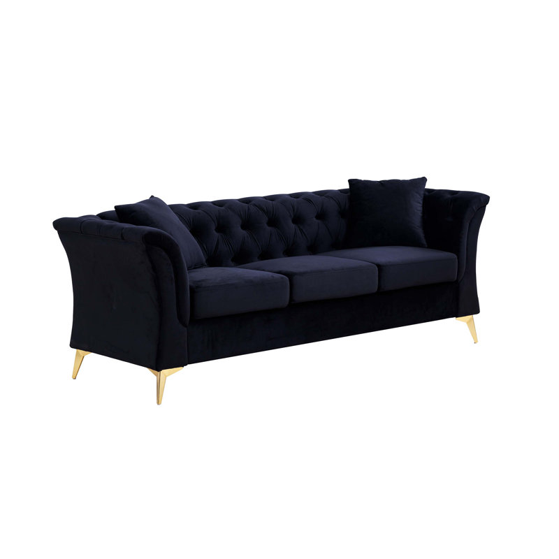 Canapé Chesterfield 83,9 po à accoudoirs évasés, Velours noir
