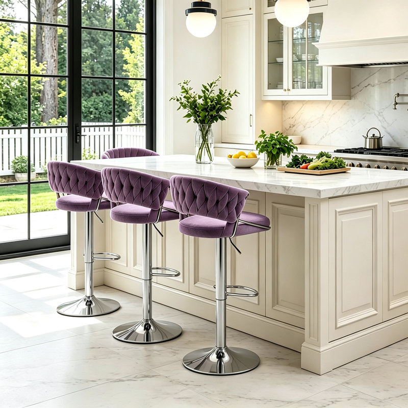 Christal Swivel Upholstered Adjustable Height Counter Stool, Purple, Silver