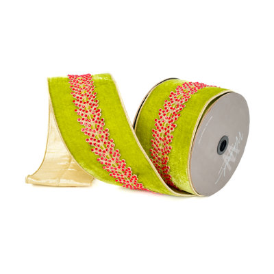 VELVET LIME WITH RED FLORAL STRIPE RIBBON