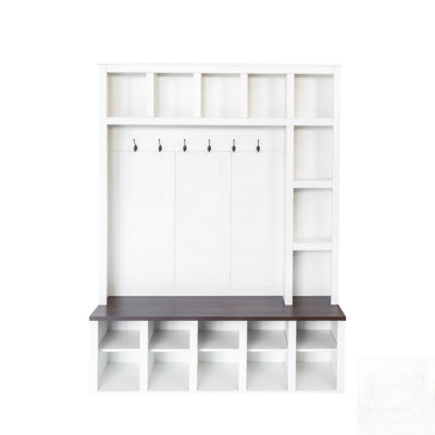 Farmhouse Wooden Hall Tree With 6 Hooks, Adjustable Shelves, And Storage Bench For Entryway And Mudroom