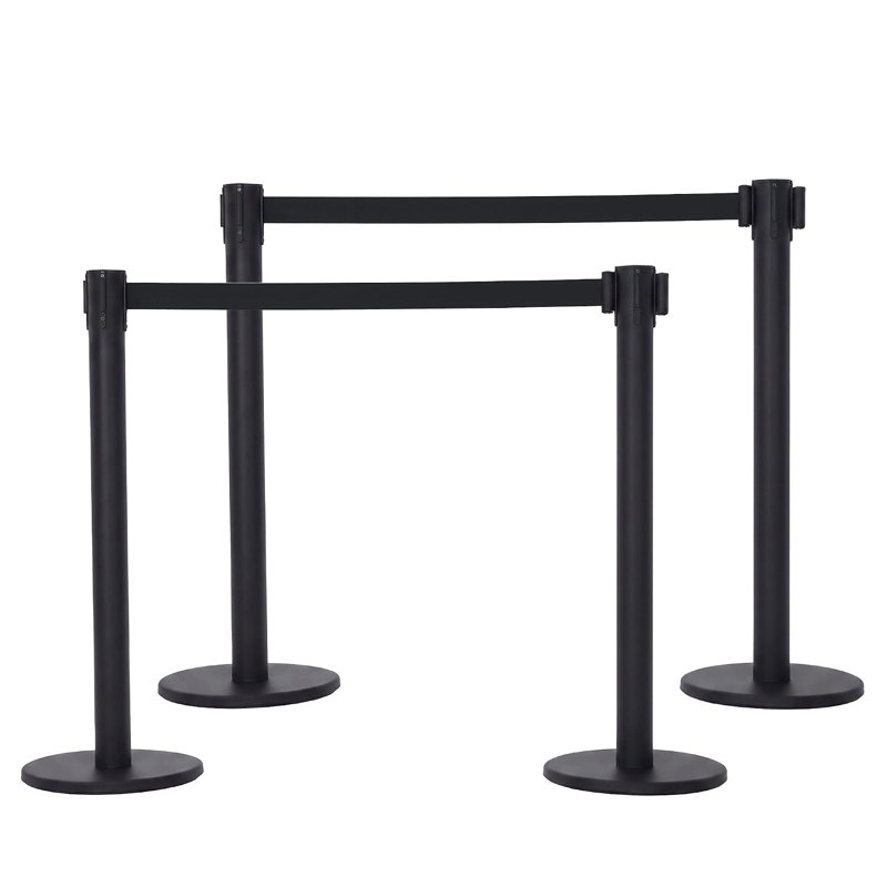 Lot de 2 poteaux de contrôle de foule en acier au carbone, barrières de file d'attente avec sangle rétractable noire de 2 m et base lestée pleine remplie de béton
