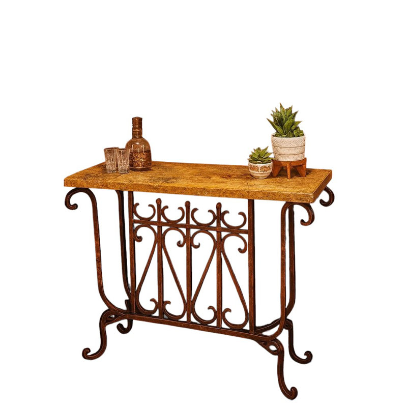 Chiseled Peach Travertine Console Table With Hand-forged Wrought Iron Base | 1213ft Pch