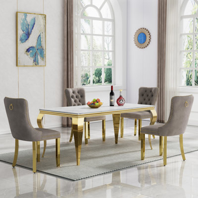 68" Luxury Faux Marble Dining Table Set, Modern Kitchen Table with Stainless Steel Pedestal, Modern Dining Room Table with Velvet Dining Chairs, Dining Table Set