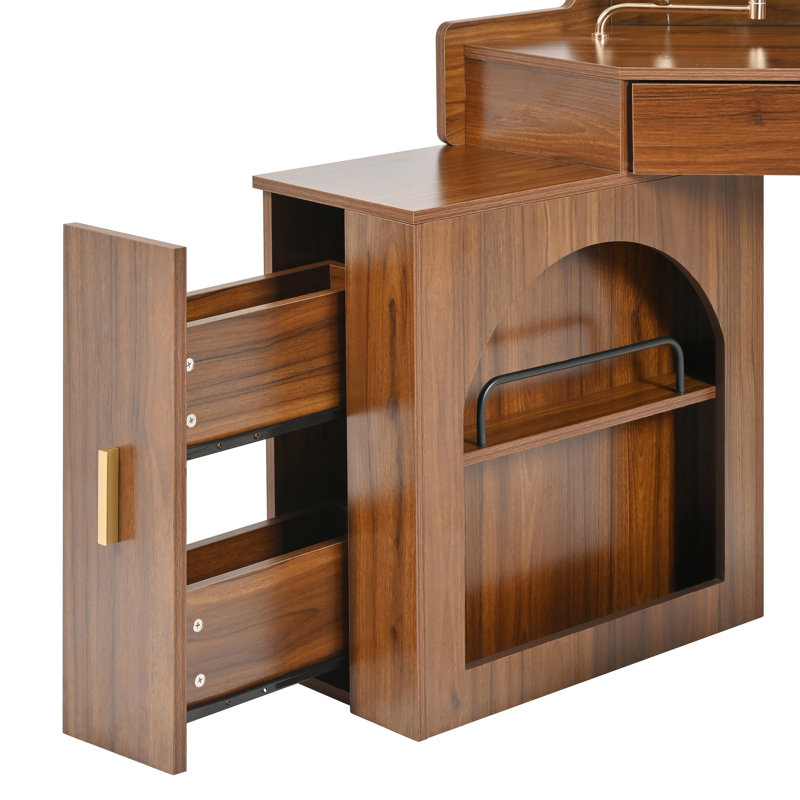 Corner Makeup Vanity with Tri-Fold LED Mirror and Comfy Stool