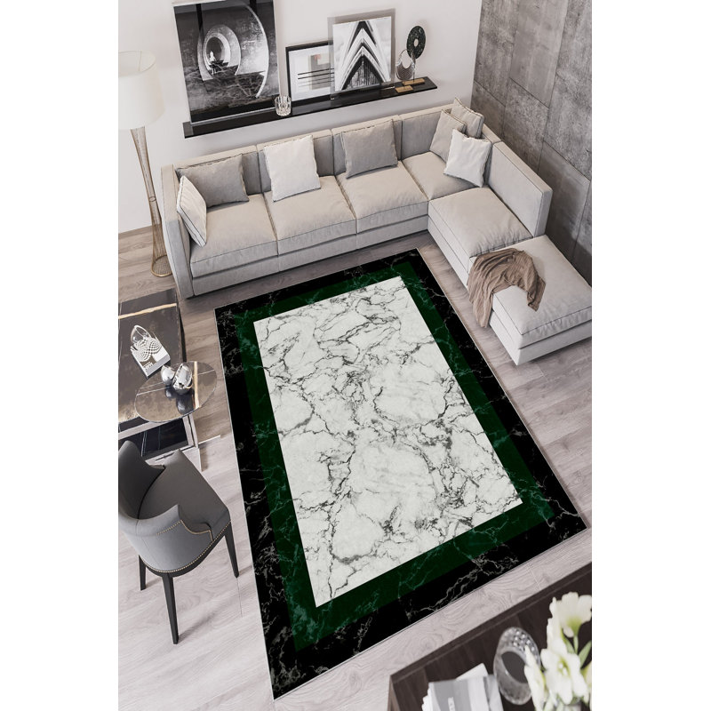 Eco-Friendly Area Rug (5.2 x 7.5 ft), Black & Green, 100% Polyester, 650 g/m² | Antibacterial, Non-Slip PVC Dot Underside, Machine Washable | Perfect for Living Room & Bedroom, Soft Pile, Digital Printing Design