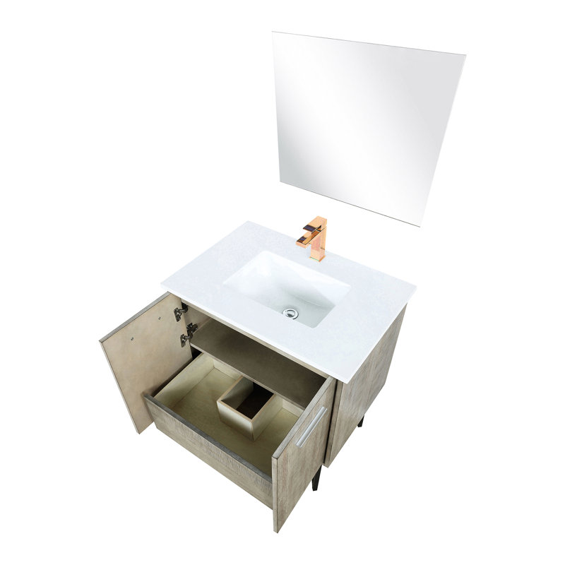 Meuble-lavabo rustique 30 po Large avec comptoir en quartz teinté, robinet en or rose et miroir rond de 28 po x P 20 po pour comptoir blanc pour salle de bain, avec rebord éclairé