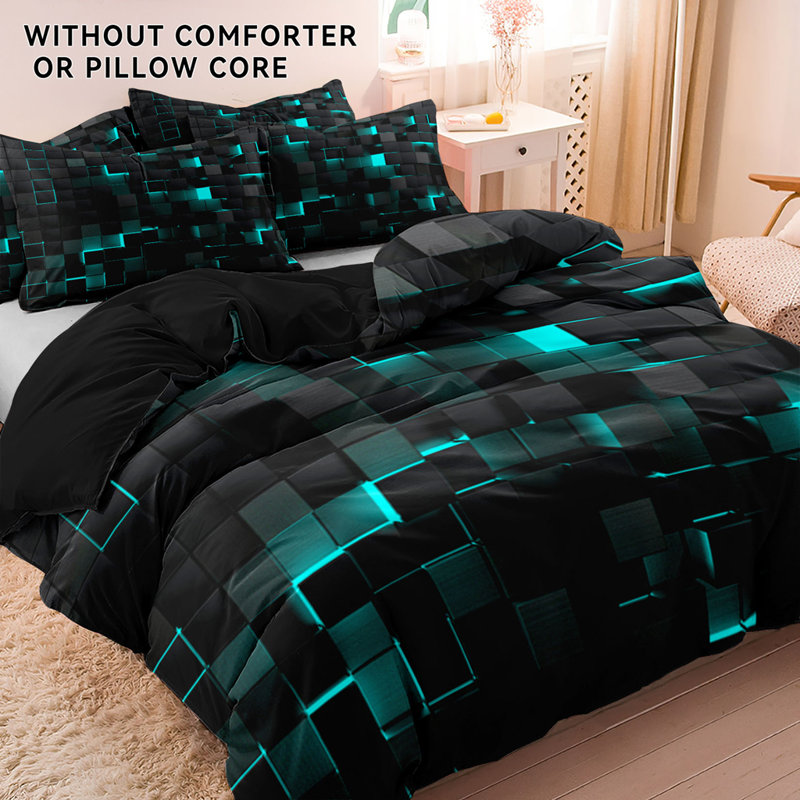 Teal And Black Geometric Microfiber Duvet Cover Set With Pillowcases, Digital Print Block Pattern Front With Solid Black Back, Reversible Bedding, Twin Full Queen King, Comforter And Pillow Inserts Not Included