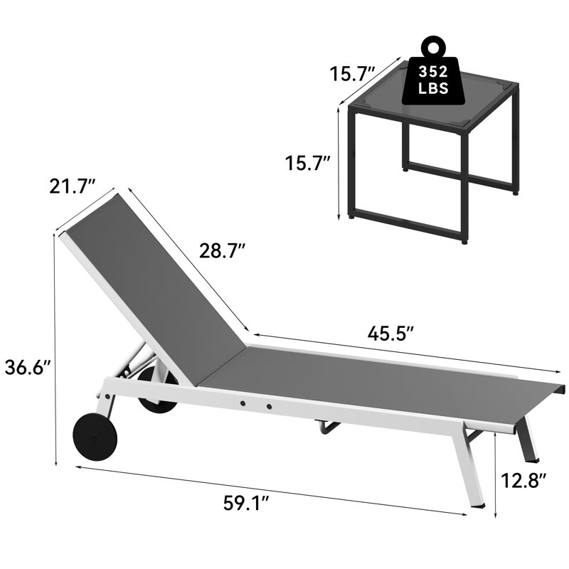 Salon d'extérieur avec table d'appoint et dossier réglable (ensemble de 2 avec table), Gris