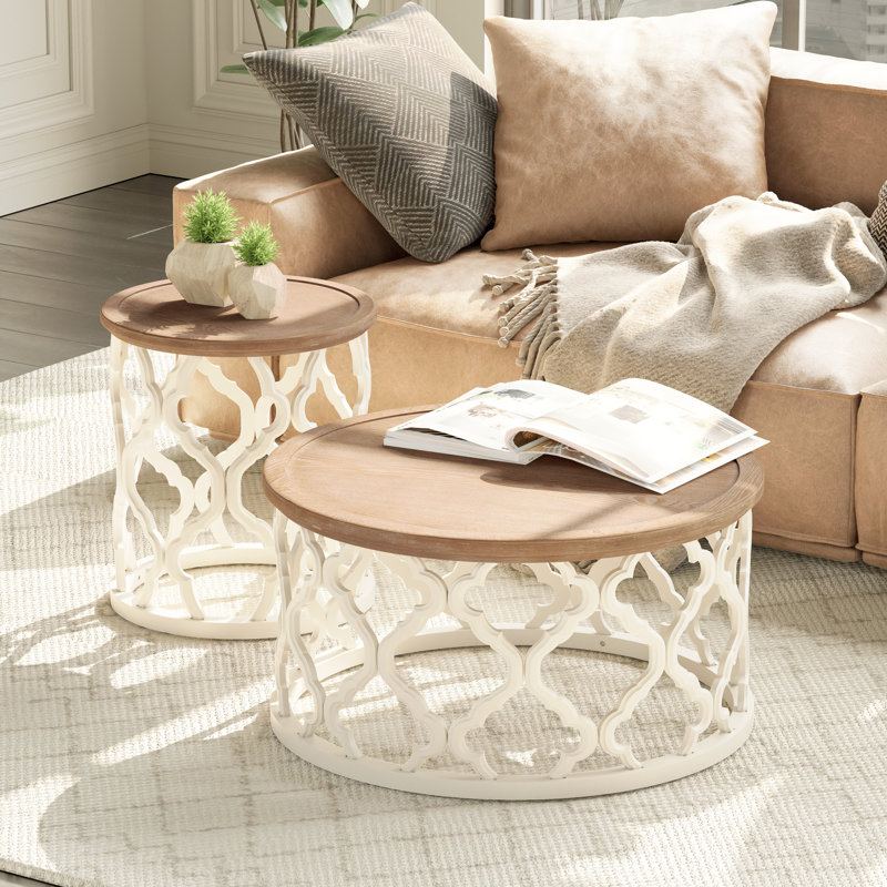 Brionica Farmhouse Round Coffee Table, Distressed Tray Top Table With Curved Motif Frame Base For Boho, Rustic, French Country, White