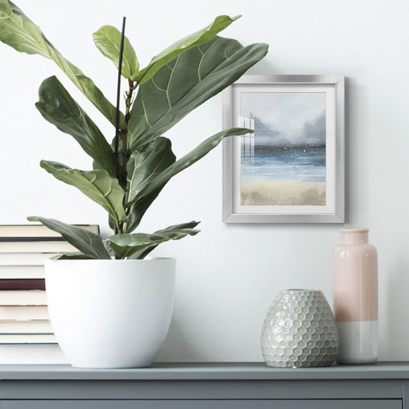 Verre bleu California Beach, Papier avec cadre noyer, Blanc